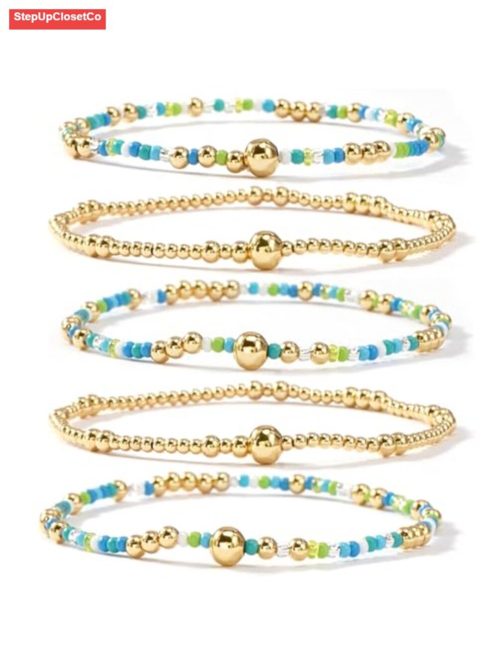14K Gold Plated Beaded Bracelets Stack Set for Women Stretch Boho Bracelet 5pc